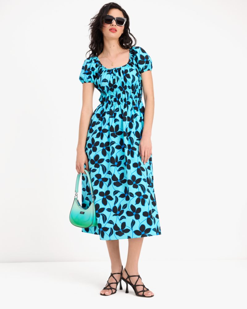 Kate Spade,Floral Vines Riviera Dress,Cotton,A-Line,Shirring,Ruched,Day Party,Blue