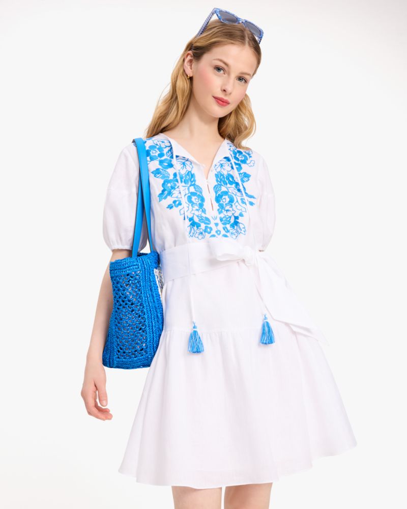 Kate Spade,Floral Embroidered Shirtdress,Polyester,Drop Waist,A-Line,Tie Belt,Tassel,Embroidered,Day Party,White