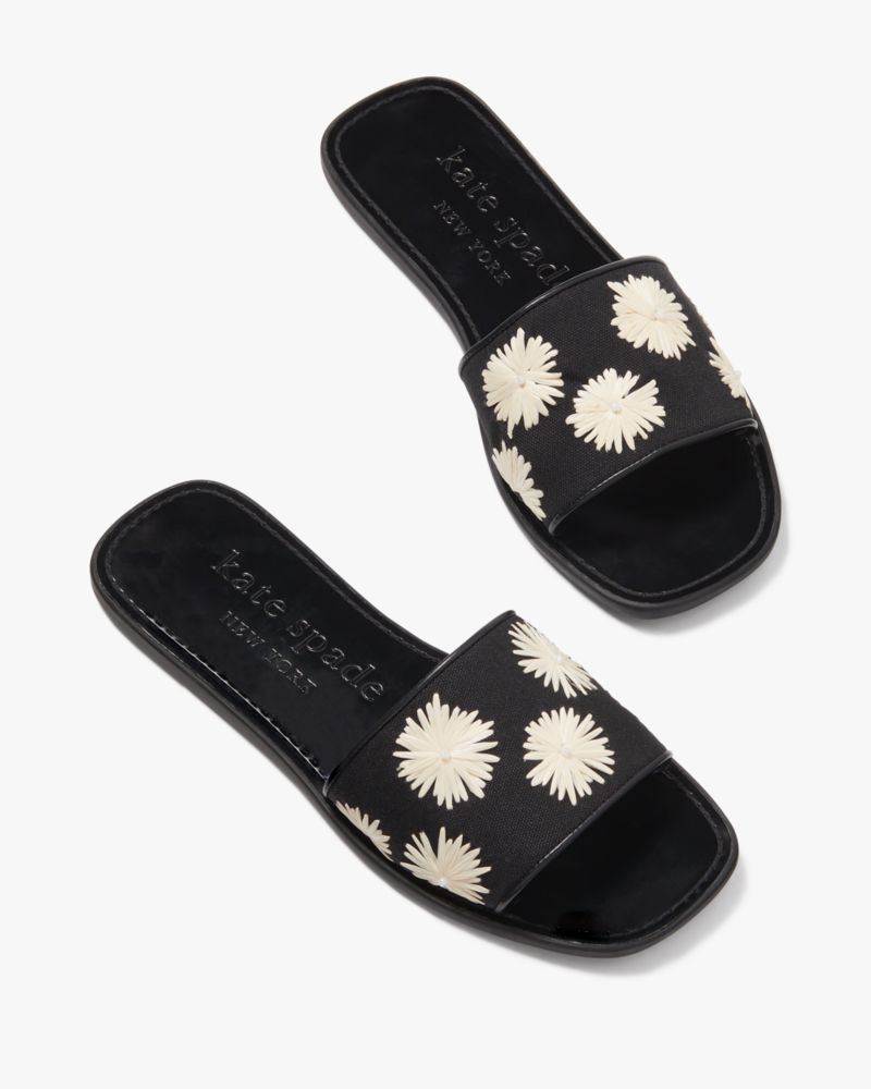 Kate Spade,Lauren Pom Pom Floral Slide Sandals,Casual,Black/Cream