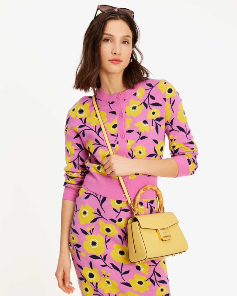 Kate Spade,Katy Textured Leather Bamboo Small Top-Handle,Summer Daffodil