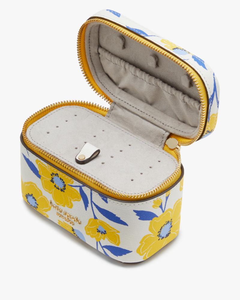 Kate Spade,Morgan Sunshine Floral Printed Jewelry Case,Travel Jewelry Case,Leather,Logo,Words,Earring Holes,Necklace Bar,