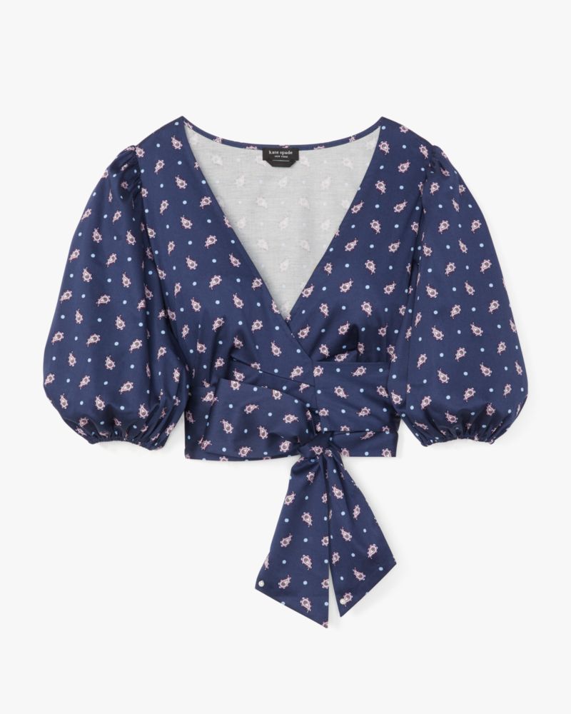 Kate Spade,Paisley Foulard Wrap Top,Cotton,Blouse,Wrap Top,Pleats,Tie Belt,Day Party,Navy