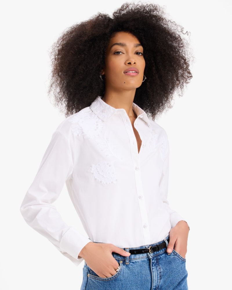 Kate Spade,Autumn Paisley Embroidered Shirt,Cotton,Button Down,Pearl,Embroidered,Casual,Cream