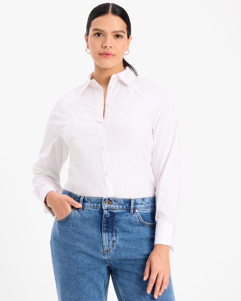 Kate Spade,Autumn Paisley Embroidered Shirt,Cotton,Button Down,Embroidered,Casual,White