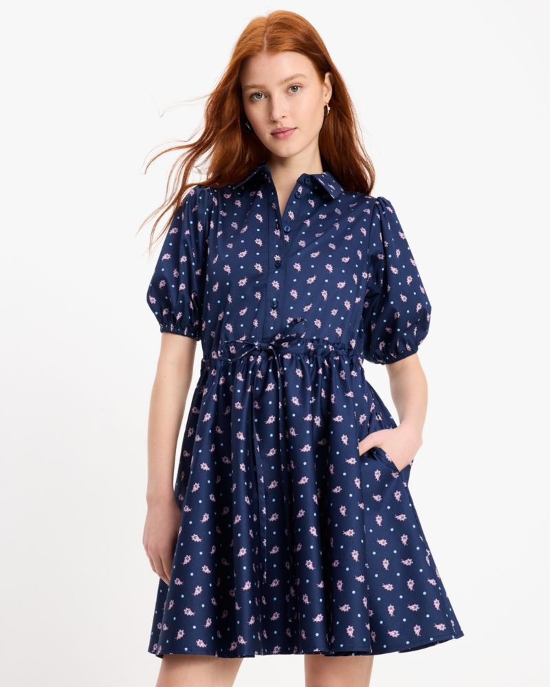 Kate Spade,Paisley Foulard Millie Dress,Cotton,A-Line,Shirt Dress,Drawstring,Day Party,Navy