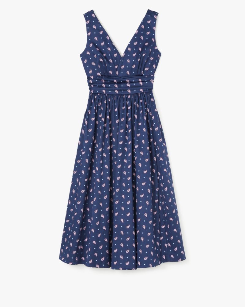 Kate Spade,Paisley Foulard V-neck Dress,Cotton,A-Line,Pleats,Ruched,Day Party,Navy