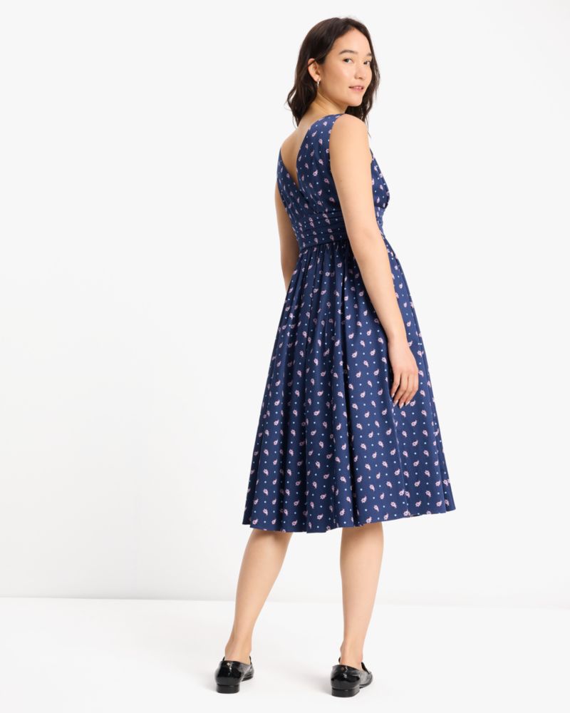 Kate Spade,Paisley Foulard V-neck Dress,Cotton,Cotton Blend,A-Line,Pleats,Ruched,Day Party,Navy