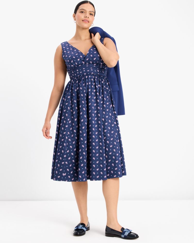 Kate Spade,Paisley Foulard V-neck Dress,Cotton,Cotton Blend,A-Line,Pleats,Ruched,Day Party,Navy