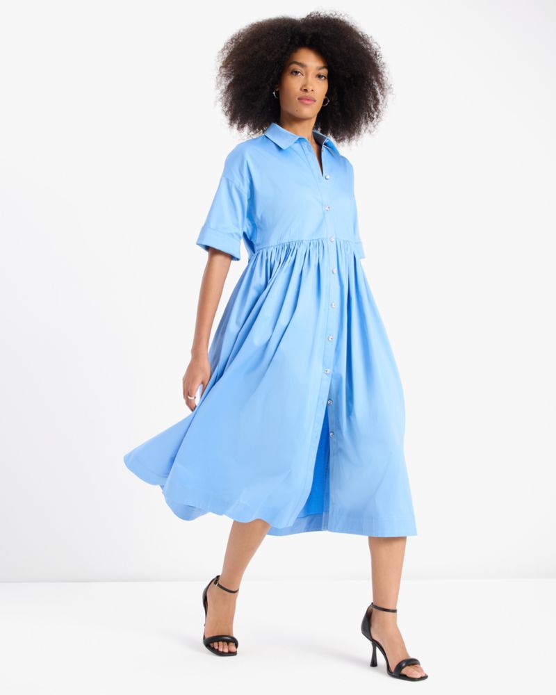 Kate Spade,Poplin Midi Montauk Dress,Cotton,A-Line,Shirt Dress,Ruched,Tie Belt,Day Party,Blue