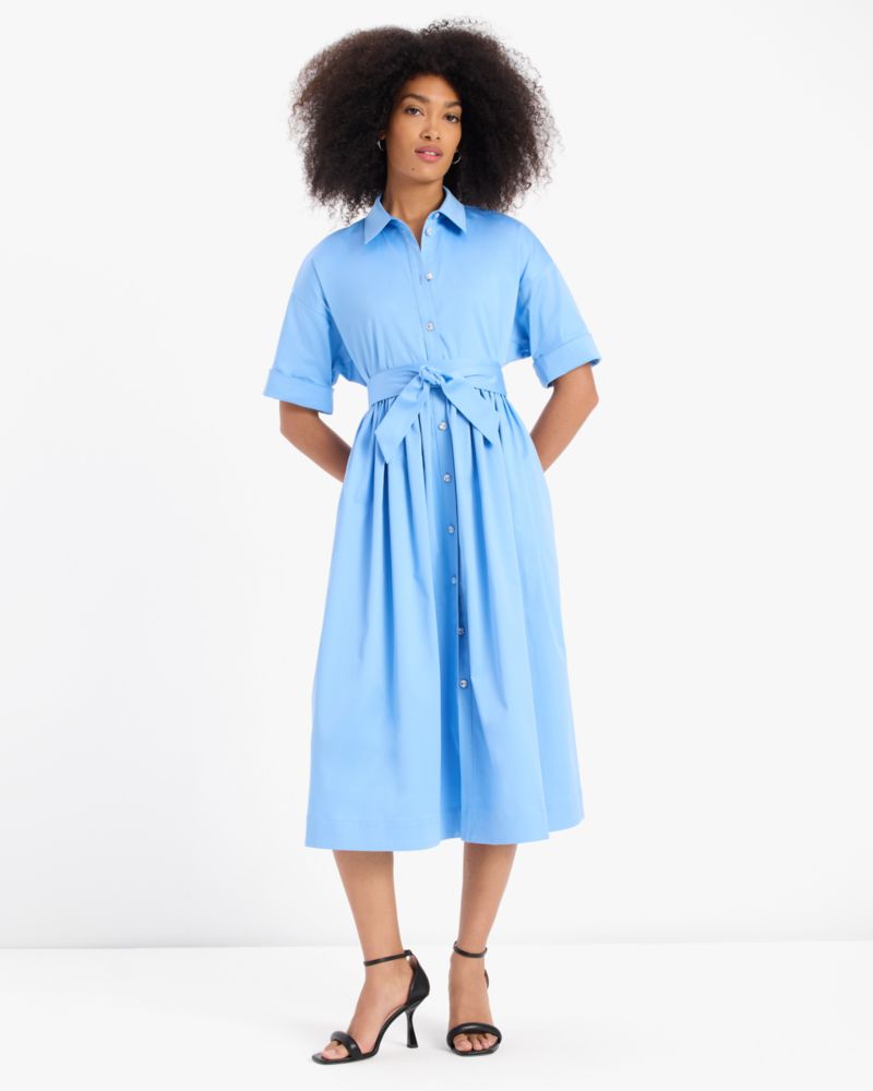 Kate Spade,Poplin Midi Montauk Dress,Cotton,A-Line,Shirt Dress,Ruched,Tie Belt,Day Party,Blue