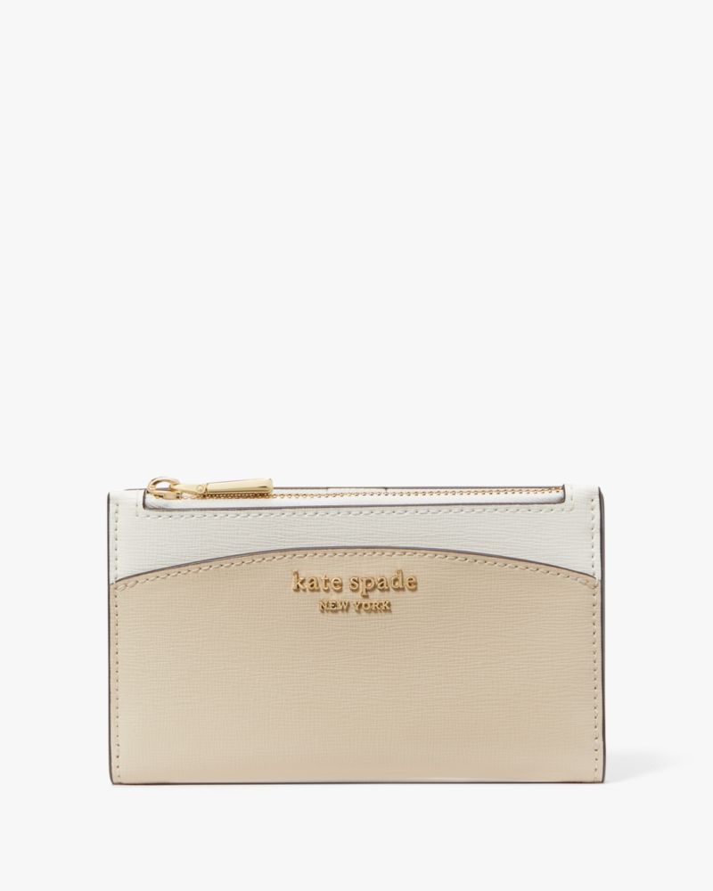 Kate Spade,Morgan Colorblocked Small Slim Bifold Wallet,Leather,Bi Fold,Color Block,Metal,Logo,Scratch Resistant,Casual,Beige