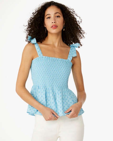 Kate Spade,Embroidered Smocked Top,Light Blue Agate