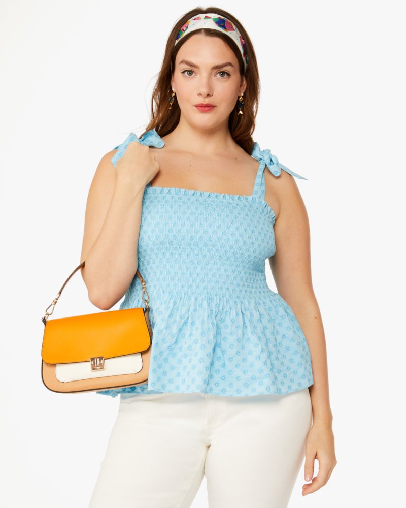 Kate Spade,Embroidered Smocked Top,Light Blue Agate