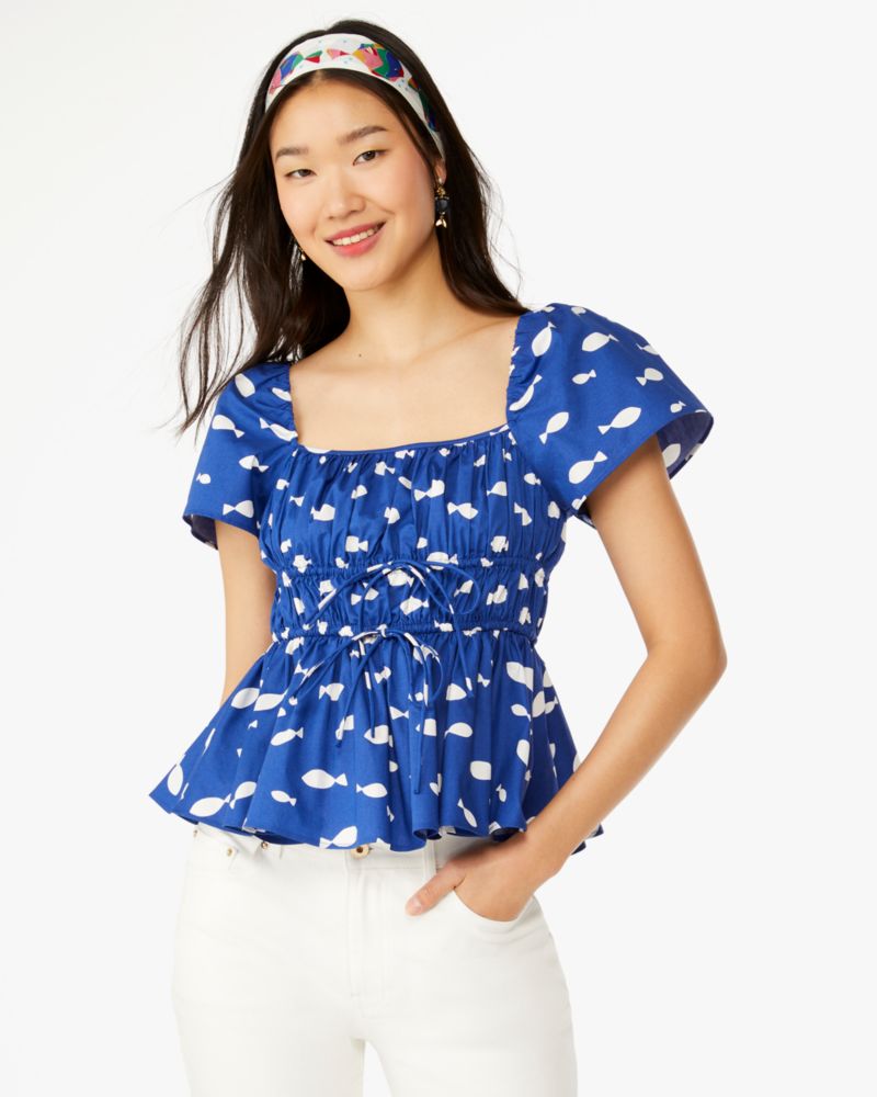 Kate Spade,Graphic Fish Square-Neck Top,Blueberry