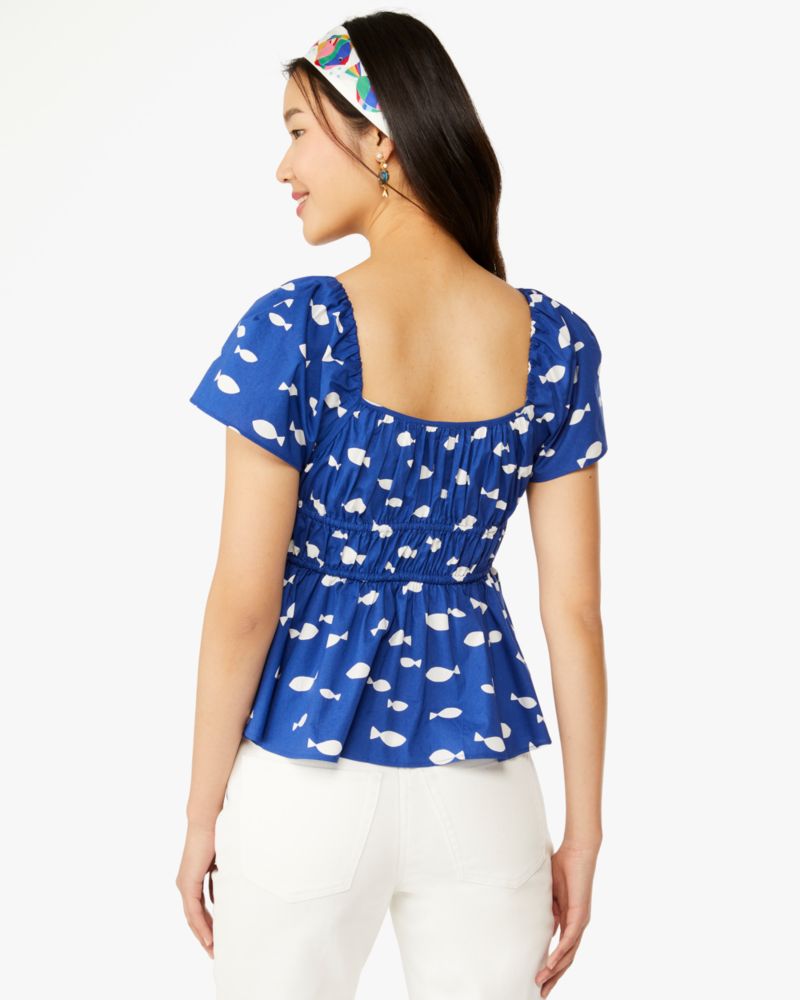 Kate Spade,Graphic Fish Square-Neck Top,Cotton,Blouse,Drawstring,Gathered Elastic Detail,Ruched,Day Party,Sapphire