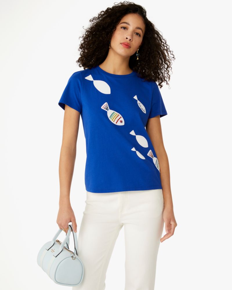 Kate Spade,Embellished Fish Tee,Cotton,T Shirt,No Embellishment,Casual,Sapphire