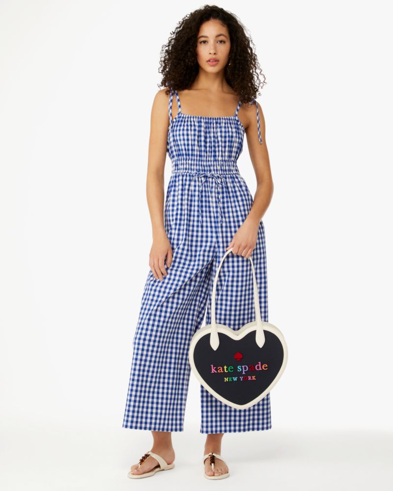 Kate Spade,Wave Gingham Jumpsuit,Cotton,Wide Leg,Drawstring,Ruched,Tie Belt,Day Party,Multi Color