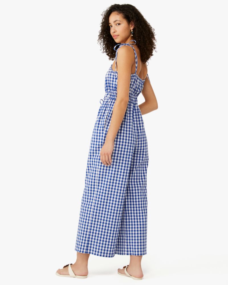 Kate Spade,Wave Gingham Jumpsuit,Cotton,Wide Leg,Drawstring,Ruched,Tie Belt,Day Party,Multi Color