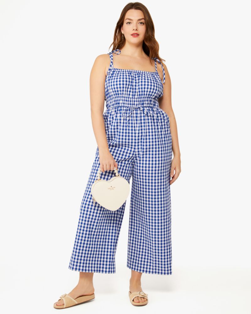 Kate Spade,Wave Gingham Jumpsuit,Cotton,Wide Leg,Drawstring,Ruched,Tie Belt,Day Party,Multi Color