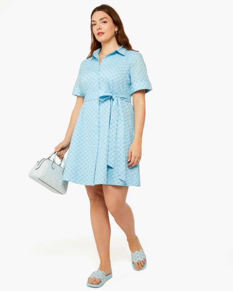 Kate Spade,Embroidered Shirtdress,Cotton,A-Line,Shirt Dress,Tie Belt,Day Party,Blue