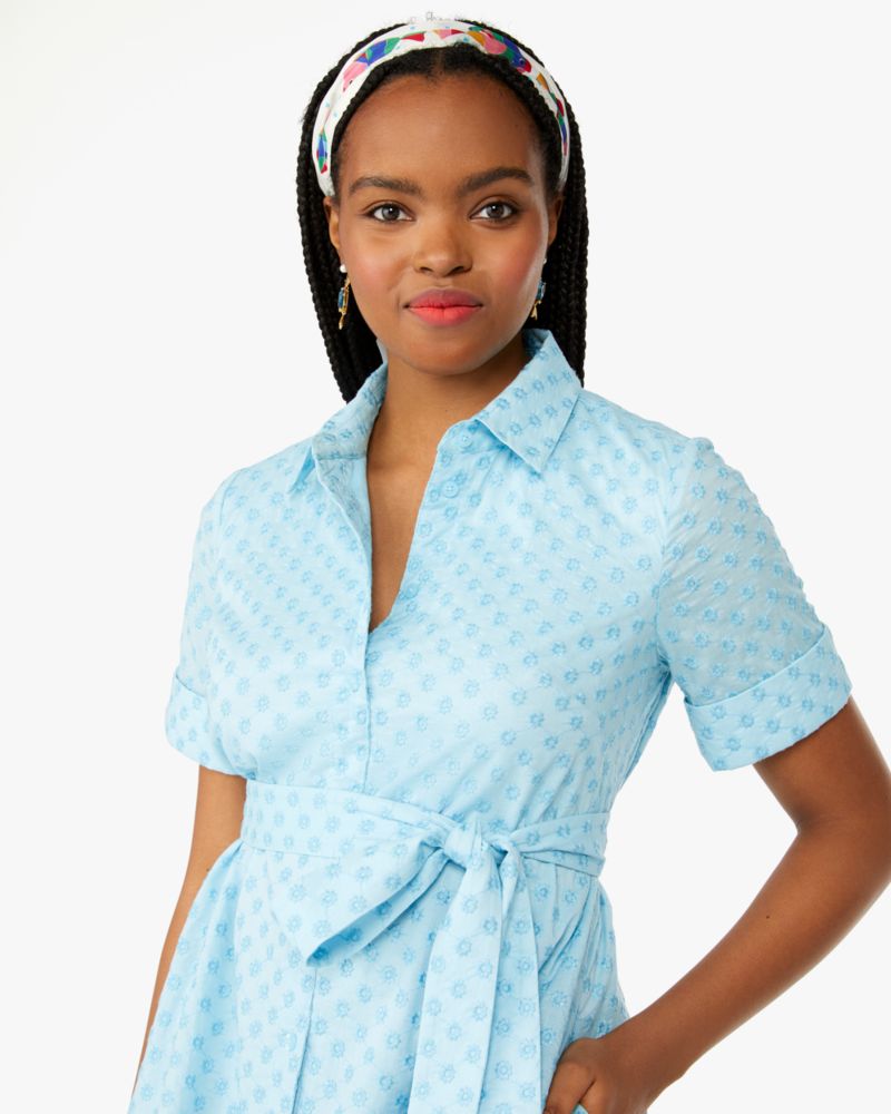 Kate Spade,Embroidered Shirtdress,Cotton,A-Line,Shirt Dress,Tie Belt,Day Party,Blue
