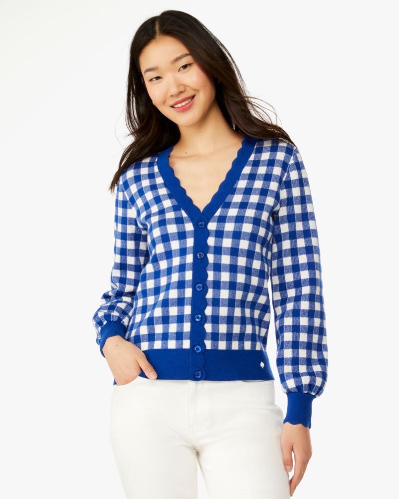 Kate Spade,Gingham Scalloped Cardigan,Blueberry