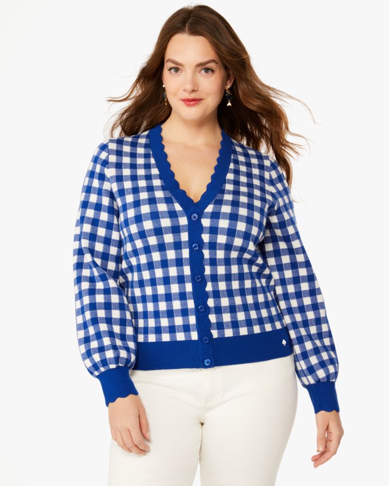 Kate Spade,Gingham Scalloped Cardigan,Blueberry