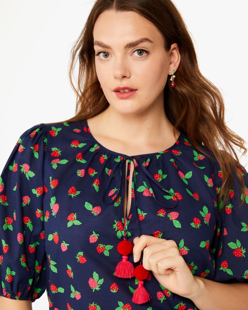 Kate Spade,Tossed Strawberry Puff Sleeve Top,French Navy image number 0