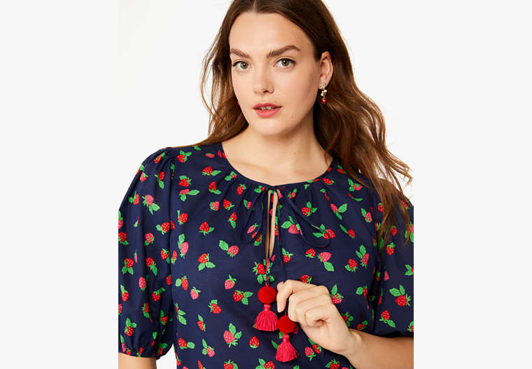 Kate Spade,Tossed Strawberry Puff Sleeve Top,French Navy image number 0