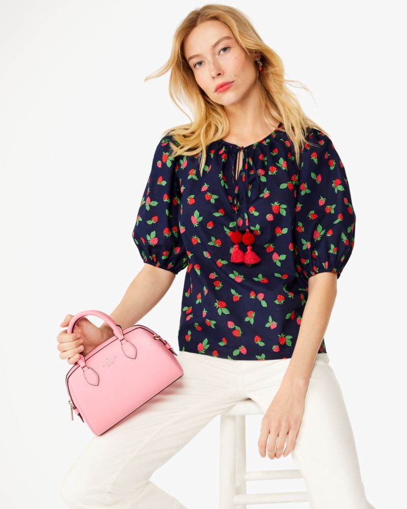 Kate Spade,Tossed Strawberry Puff Sleeve Top,French Navy