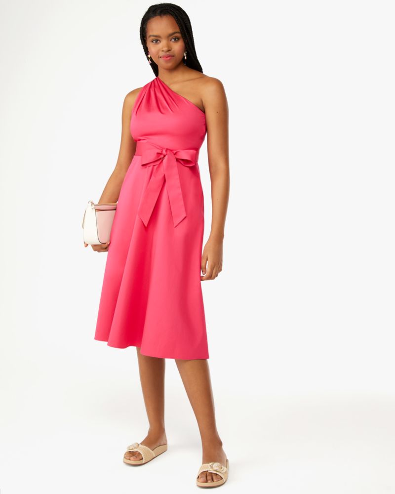 Kate Spade,Poplin One-shoulder Dress,Poplin,Lining Polyester,Cotton,A-Line,Pleats,Tie Belt,Lined,Day Party,Pink