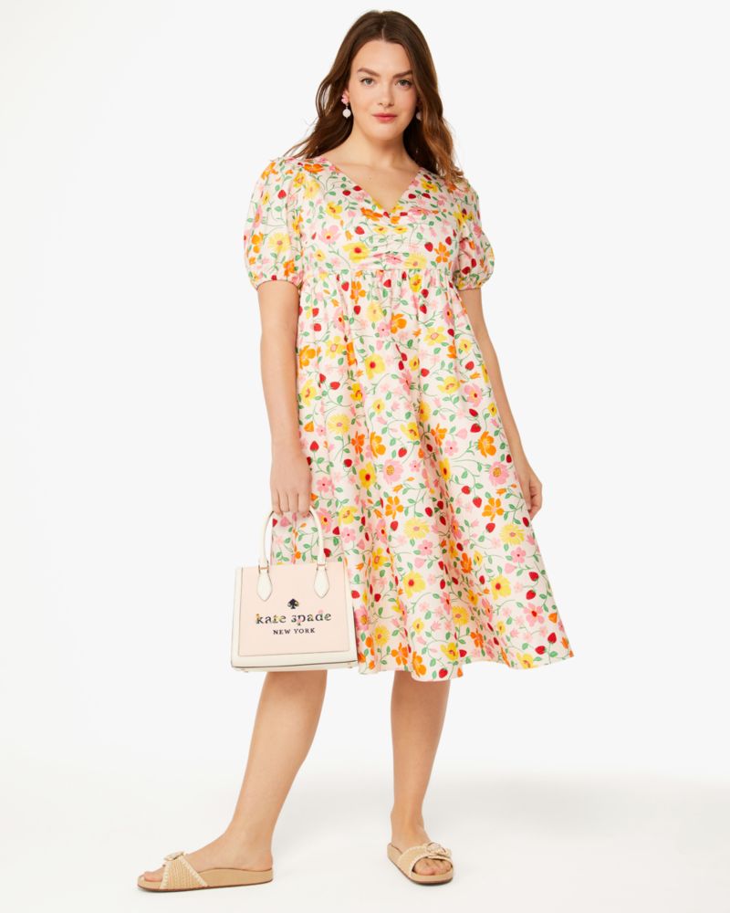 Kate Spade,Strawberry Garden Midi Dress,Lining Cotton,Cotton,A-Line,Ruched,Lined,Day Party,Multi Color