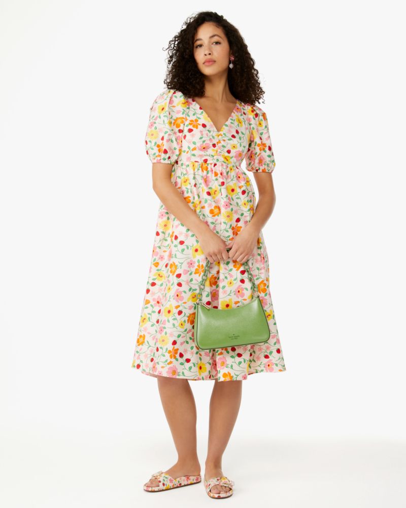 Kate Spade,Strawberry Garden Midi Dress,Lining Cotton,Cotton,A-Line,Ruched,Lined,Day Party,Multi Color