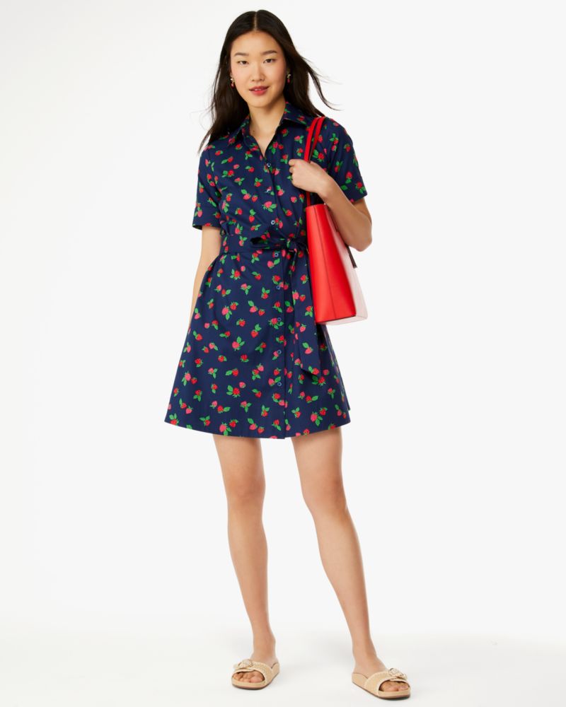 Kate Spade,Tossed Strawberry Shirtdress,Cotton,Shirt Dress,A-Line,Tie Belt,Day Party,Navy