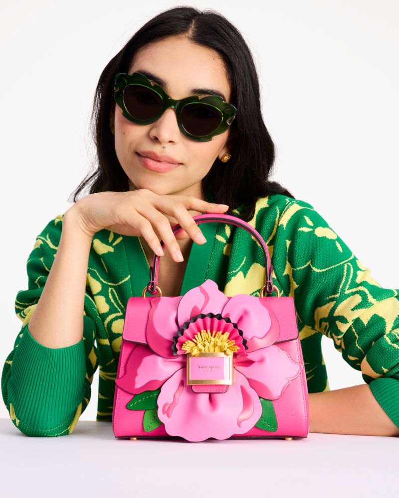 Kate Spade,Katy Floral Applique Small Top-handle Bag,Leather,Crossbody,3D Embellishment,Logo,Day Party,Fuchsia