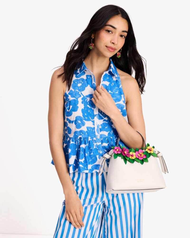 Kate Spade,Knott Floral Applique Medium Top-handle Bag,Leather,Satchel,Metal Material,3D Embellishment,Logo,Metal,Embellis...,White