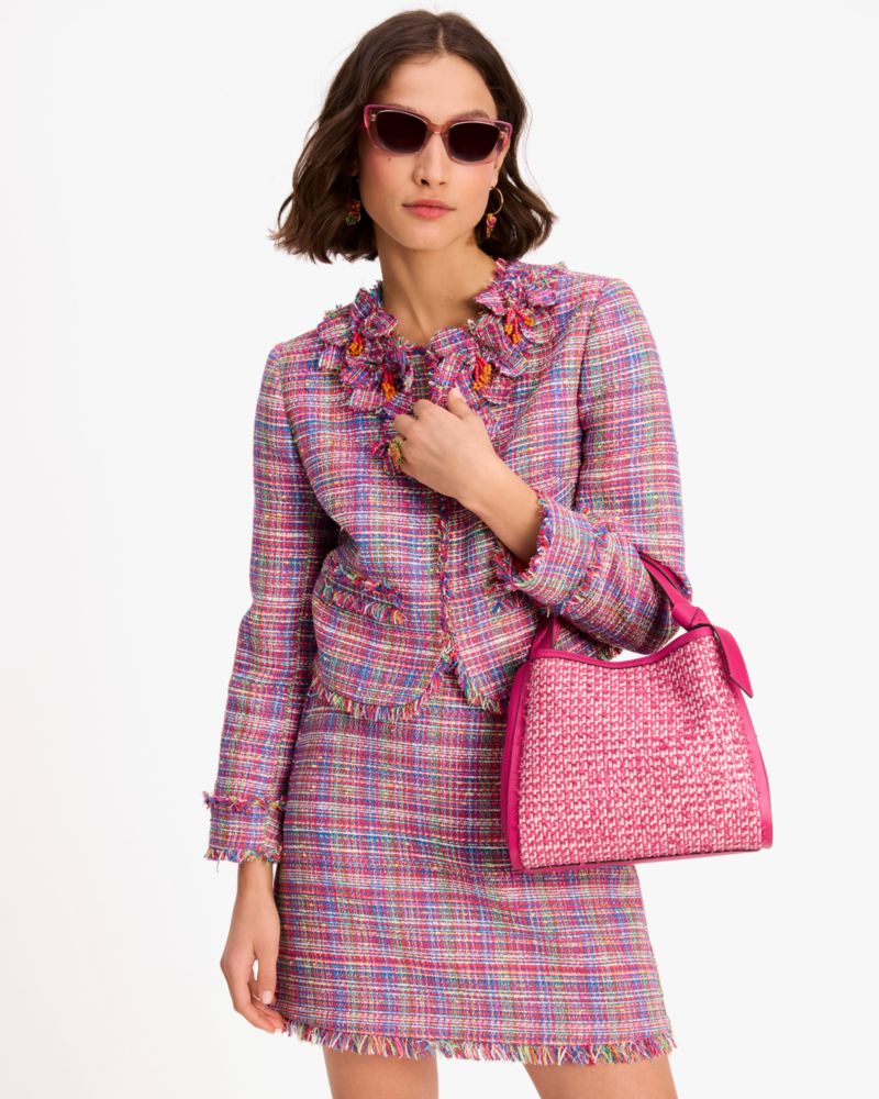 Kate Spade,Knott Raffia Tweed Medium Crossbody Tote,Wild Raspberry Multi