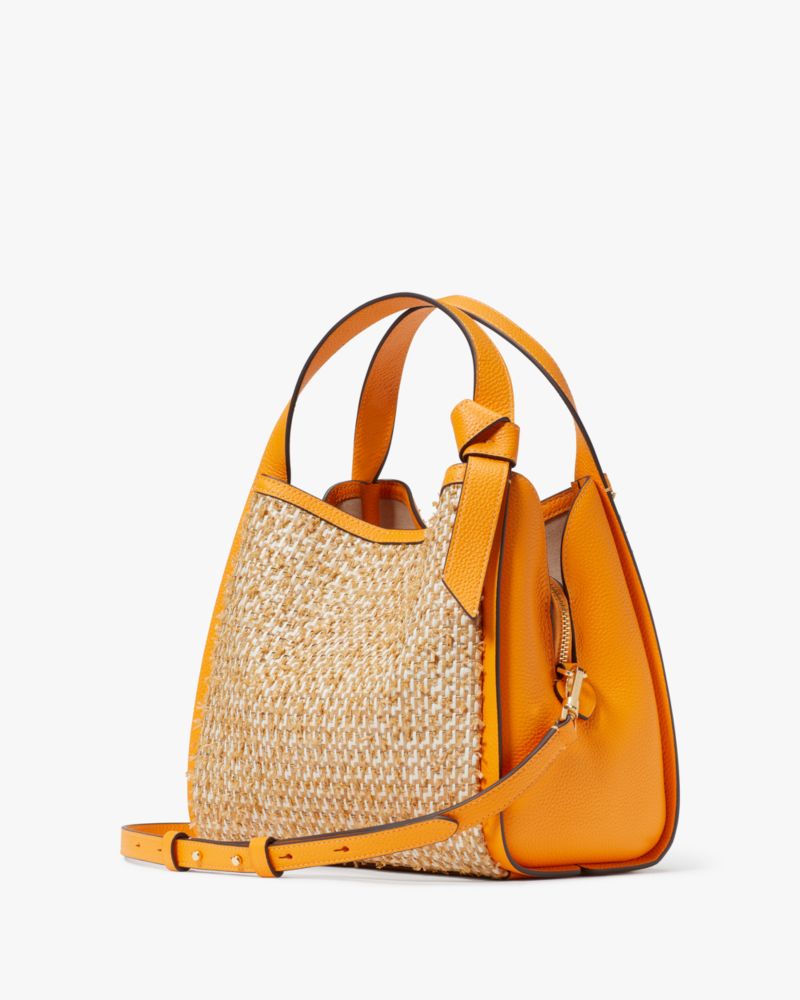 Kate Spade,Knott Raffia Tweed Medium Crossbody Tote,Leather,Crossbody,Straw,Metal,Color Block,Piping,Logo,Casual,Beige