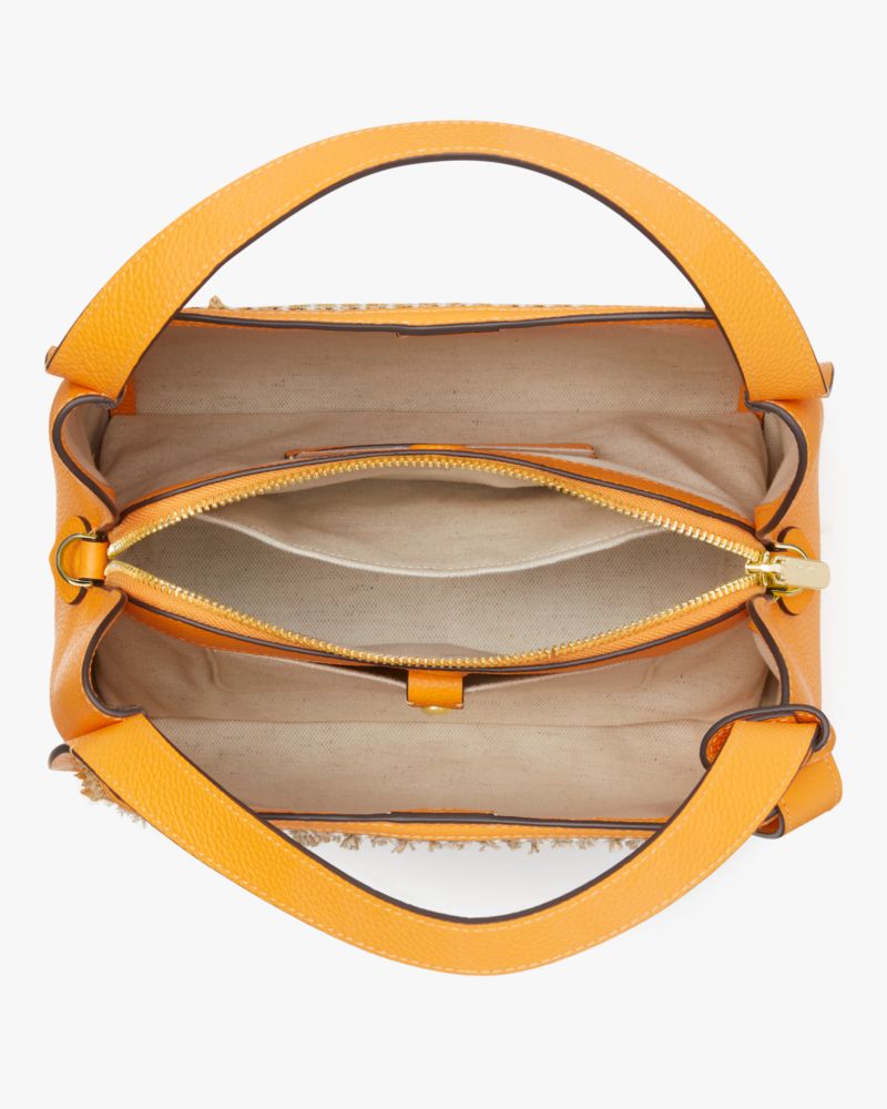 Kate Spade,Knott Raffia Tweed Medium Crossbody Tote,Leather,Crossbody,Straw,Metal,Color Block,Piping,Logo,Casual,Beige