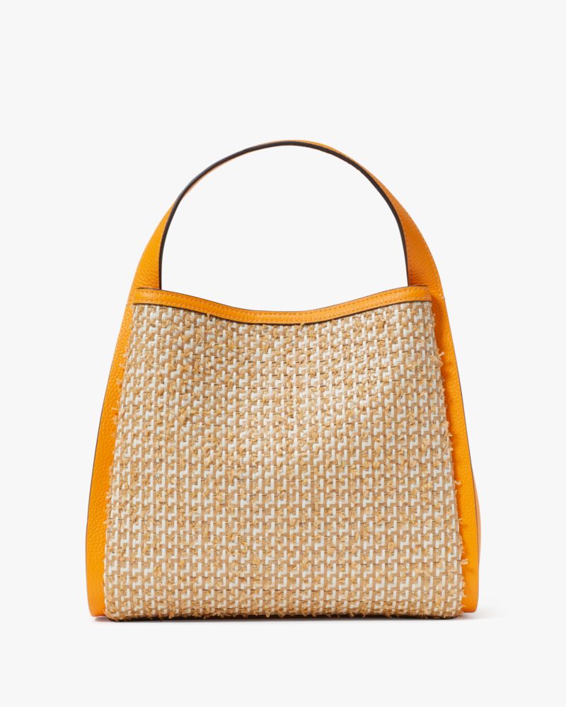 Kate Spade,Knott Raffia Tweed Medium Crossbody Tote,Leather,Crossbody,Straw,Metal,Color Block,Piping,Logo,Casual,Beige