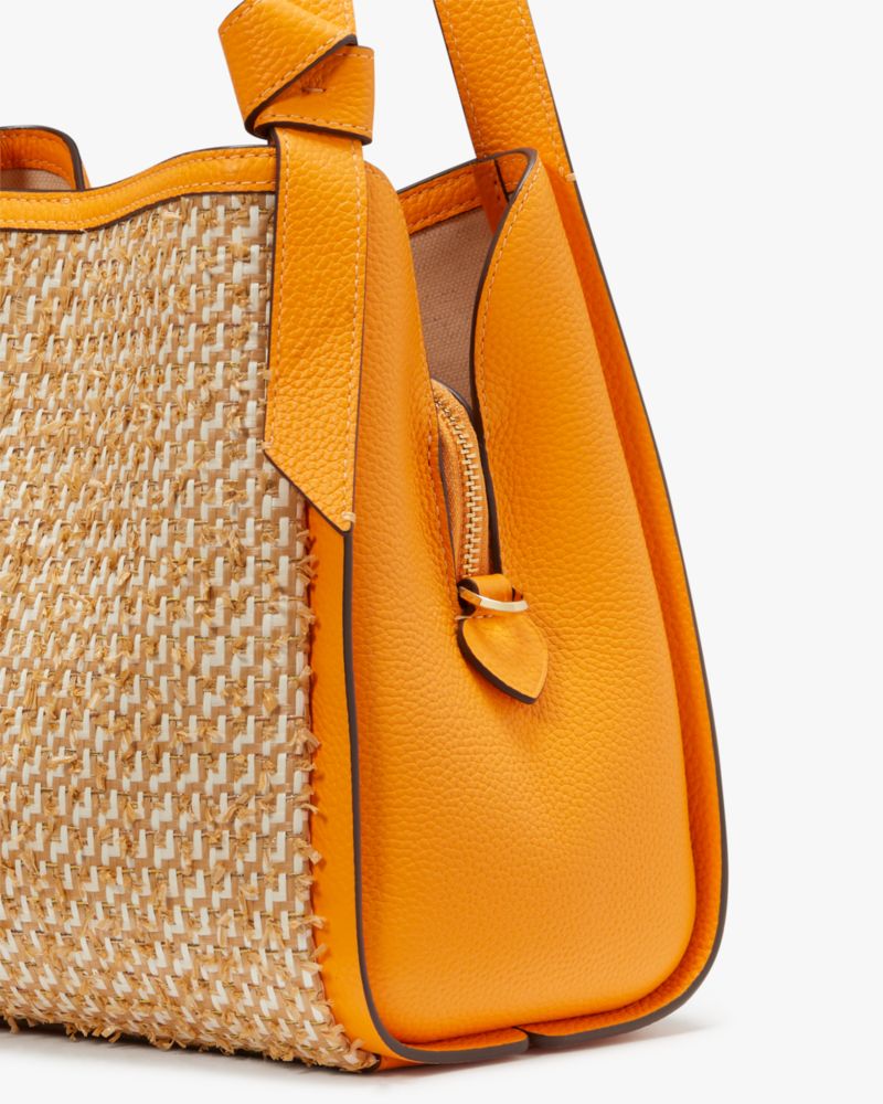 Kate Spade,Knott Raffia Tweed Medium Crossbody Tote,Leather,Crossbody,Straw,Metal,Color Block,Piping,Logo,Casual,Beige