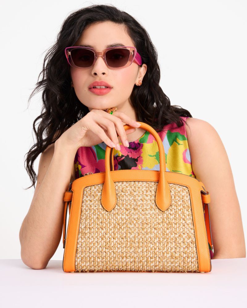 Kate Spade,Knott Raffia Tweed Medium Zip-top Satchel,Leather,Satchel,Straw,Color Block,Day Party,Beige