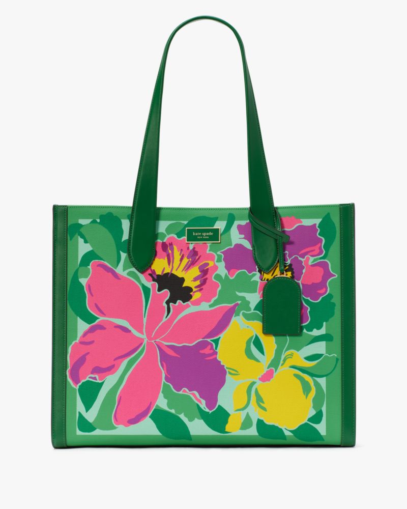 Kate Spade,Manhattan Orchid Bloom Canvas Over The Shoulder Tote,Leather,Tote,Logo,Metal,Word Embellishment,Casual,Green