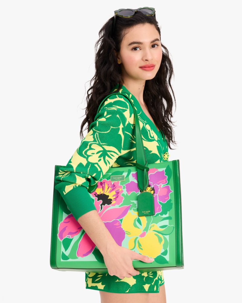 Kate Spade,Manhattan Orchid Bloom Canvas Over The Shoulder Tote,Leather,Tote,Logo,Metal,Word Embellishment,Casual,Green