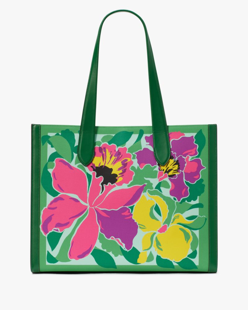 Kate Spade,Manhattan Orchid Bloom Canvas Over The Shoulder Tote,Leather,Tote,Logo,Metal,Word Embellishment,Casual,