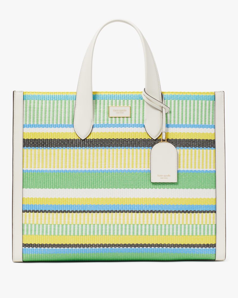 Kate Spade,Manhattan Striped Woven Straw Large Tote,Leather,Tote,Straw,Logo,Metal,Piping,Casual,