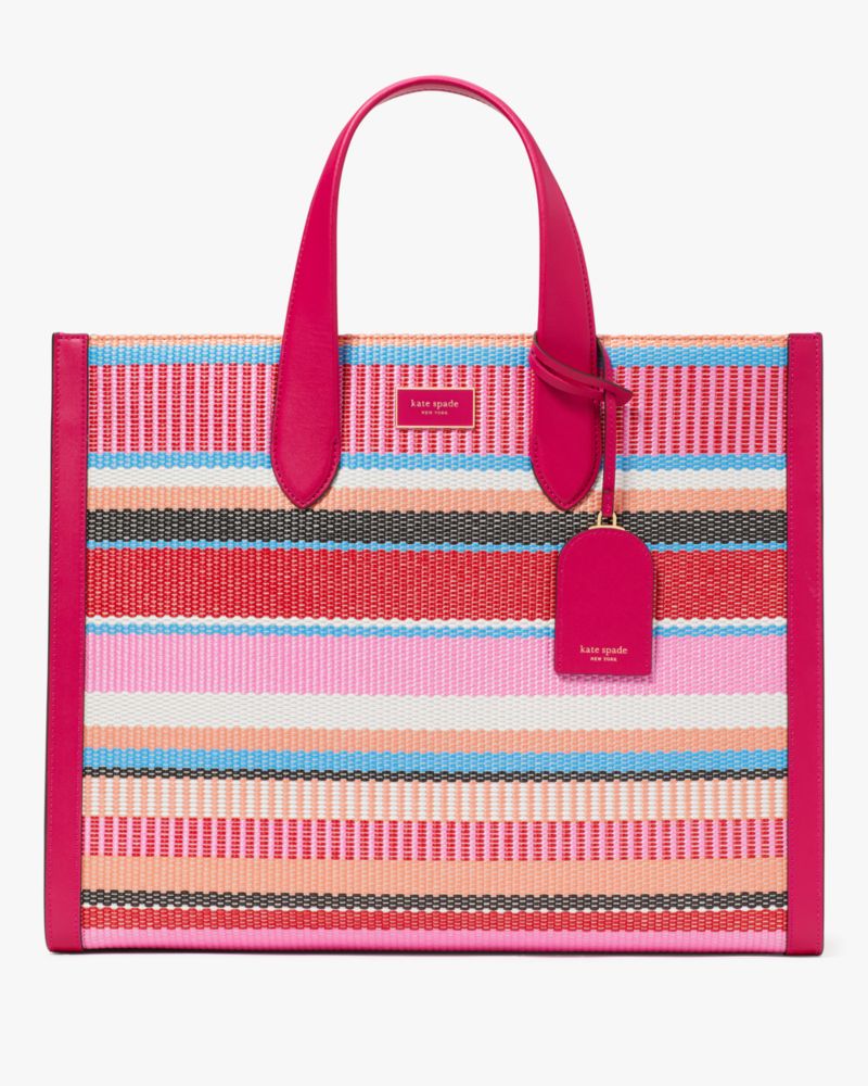 Kate Spade,Manhattan Striped Woven Straw Large Tote,Wild Raspberry Multi