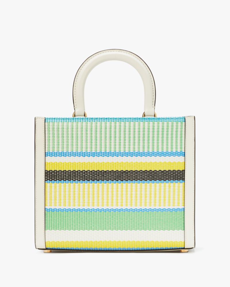Kate Spade,Manhattan Striped Woven Straw Small Tote,Leather,Crossbody,Straw,Metal,Piping,Logo,Day Party,Multi Color