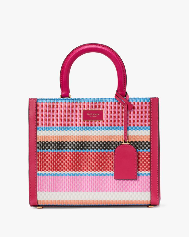 Kate Spade,Manhattan Striped Woven Straw Small Tote,Wild Raspberry Multi