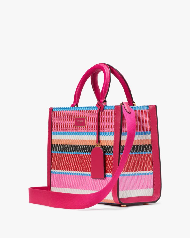 Kate Spade,Manhattan Striped Woven Straw Small Tote,Leather,Crossbody,Straw,Logo,Metal,Piping,Day Party,Multi Color